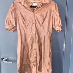 Brown Leather Button-Up Puffed Sleeve Dress